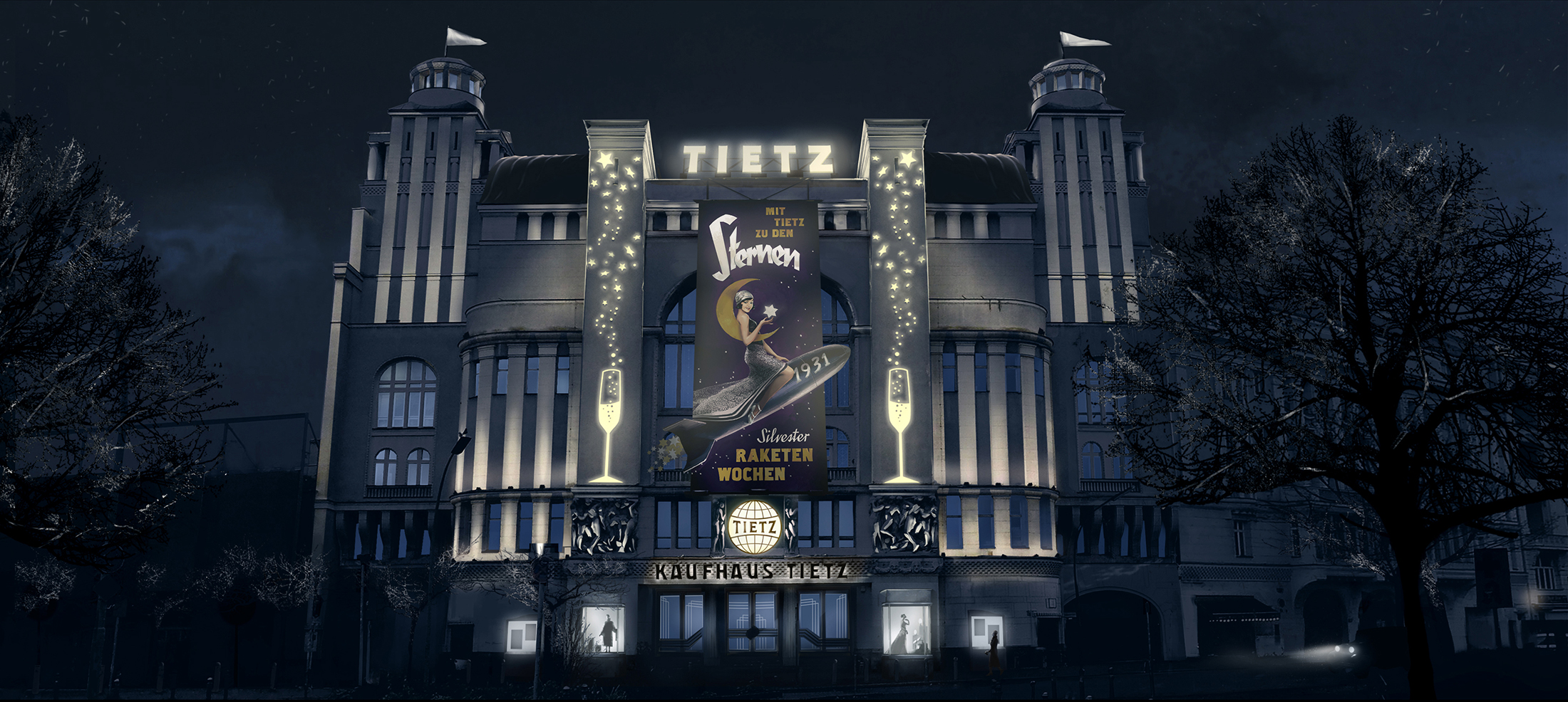 Babylon Berlin exterior concept artwork of the Tietz department store at night with an illuminated New Year's poster