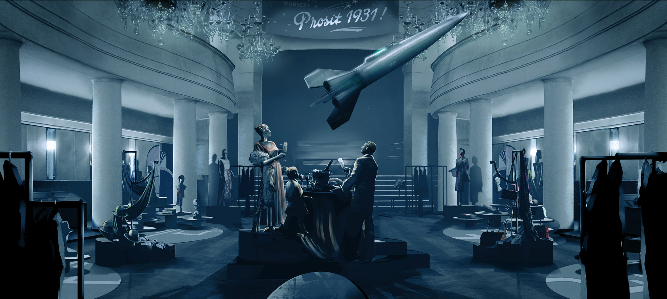 Babylon Berlin interior concept artwork showing the Tietz department store at night
