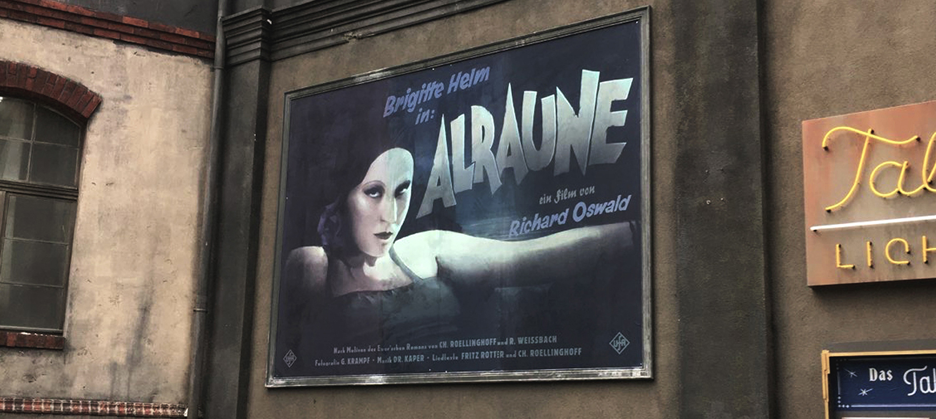 On-set photo of the historical 1920s 'Alraune' film poster prop for the Babylon Berlin series