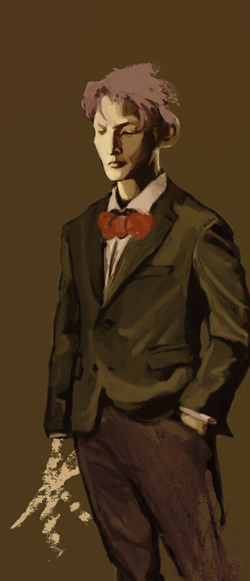 Character design concept art, full-body portrait of Mr Marmelade, a man with pink hair, his body partly realistically painted and partly children's wax-crayon drawing, multimedia painting