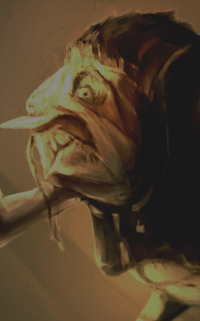 Creature and character design of a scary old hag with a humpback and big eyes