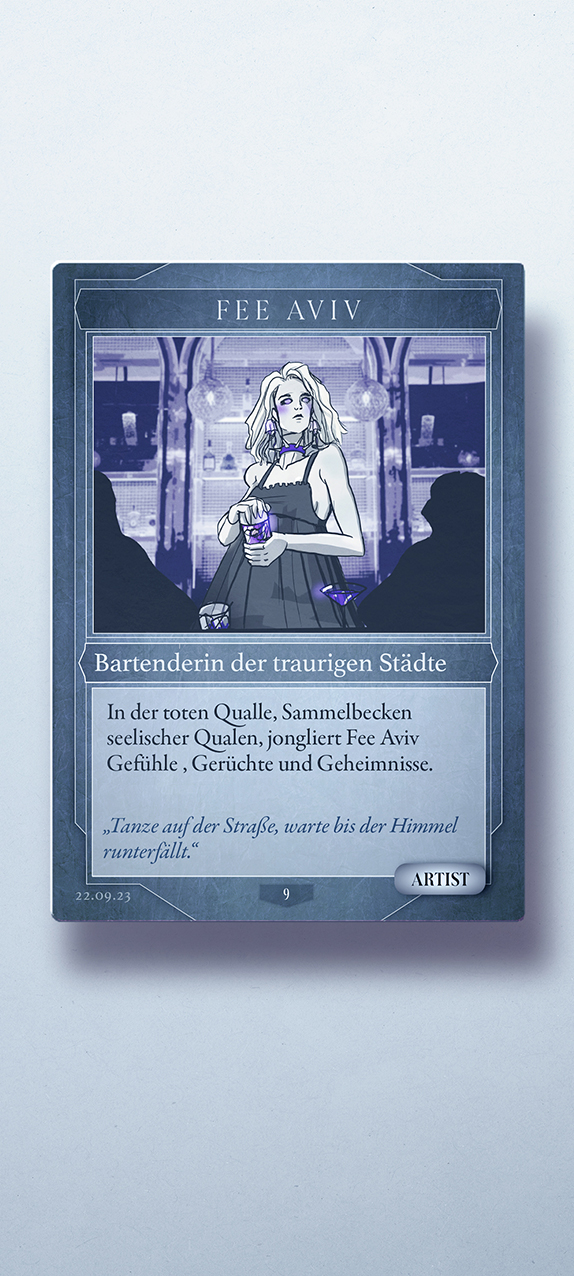 Modernismus 6 Berlin techno and live music underground club event artist announcement, hand-drawn custom character design for the singer Fee in manga style as a trading card like Yu-Gi-Oh