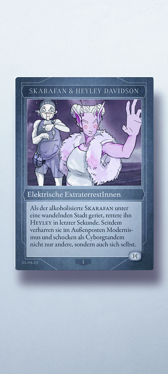 Modernismus 6 Berlin club event artist announcement, hand-drawn custom character designs for the DJs Skarafan and Haylay Davidson depicted as an alien and a robot in manga style as trading cards like Yu-Gi-Oh