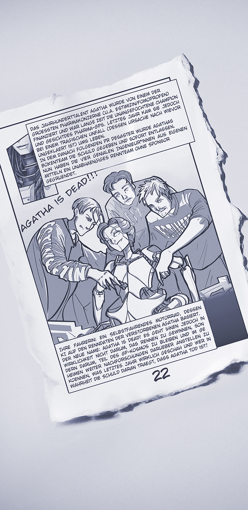 Modernismus 7 Berlin techno and live music underground club event artist announcement in black-and-white manga style showing the up-and-coming Berlin rock band Agatha is Dead! as mad transhuman scientists