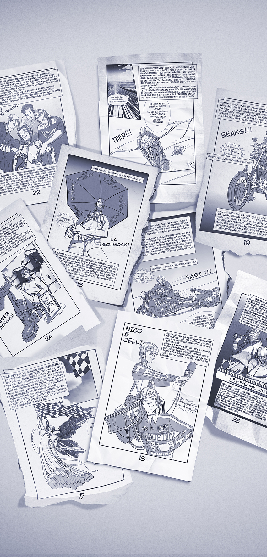 Modernismus 7 Berlin techno and live music underground club event artist announcement in black-and-white manga style, all artist announcements as manga book pages