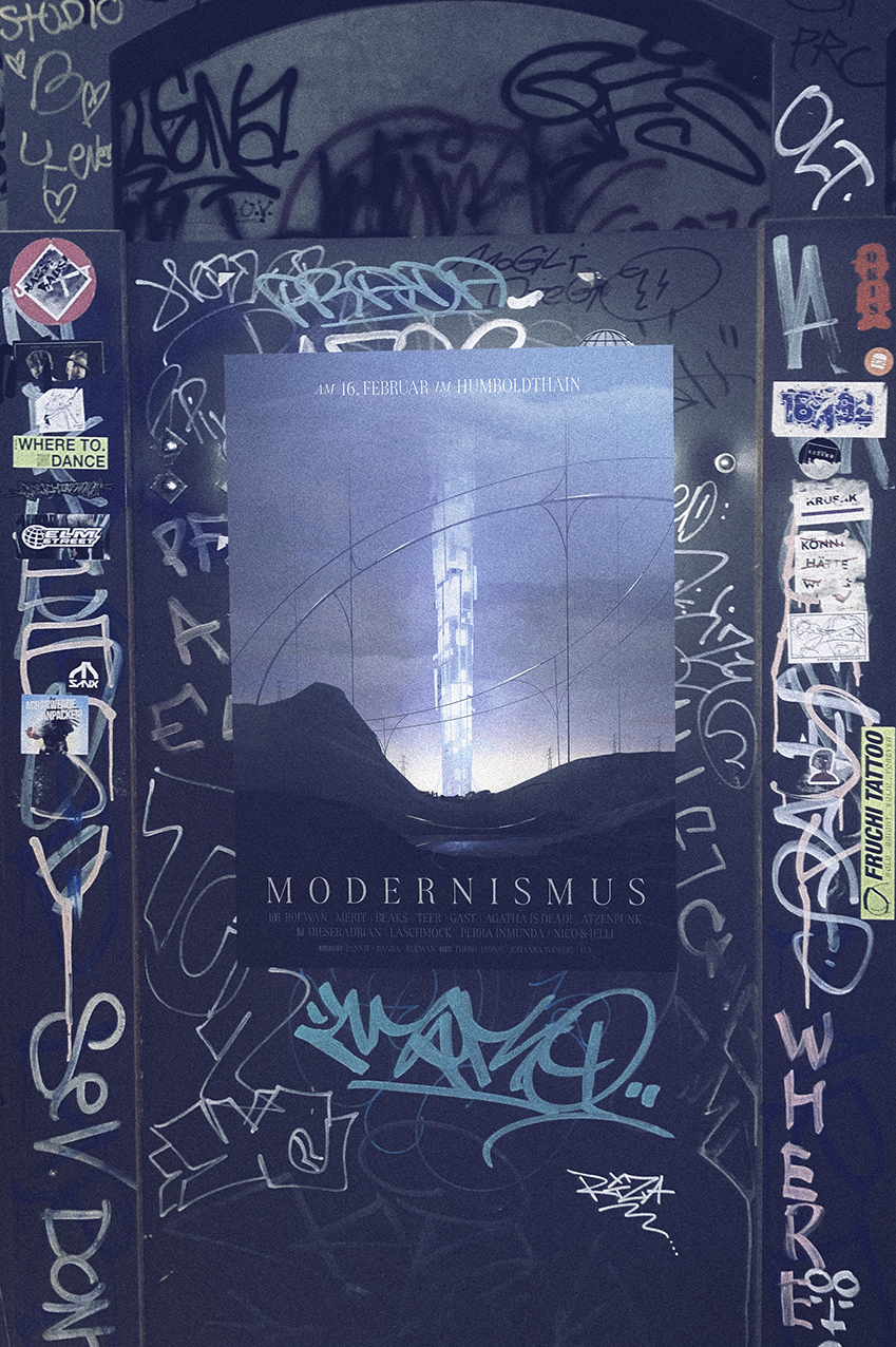 Modernismus 7 Berlin techno and live music underground club event poster design, concept art showing a glowing LED tower in a futuristic desert landscape, hanging in a Berlin bar restroom