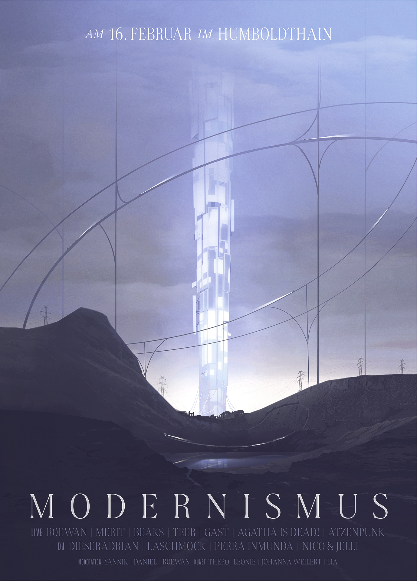 Modernismus 7 Berlin techno and live music underground club event poster design, environment concept art showing a glowing LED tower in a futuristic desert landscape