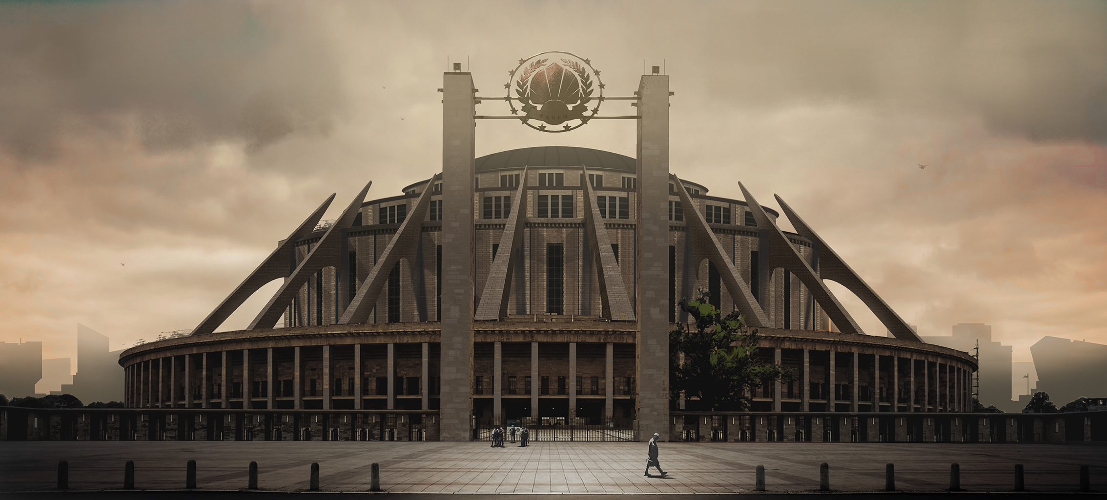 The Hunger Games concept artwork, exterior VFX shot of the Panem arena from the prequel