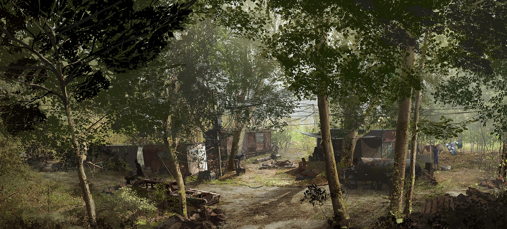 Exterior environment concept artwork of the Covey camp, dreamy forest, The Hunger Games: The Ballad of Songbirds and Snakes