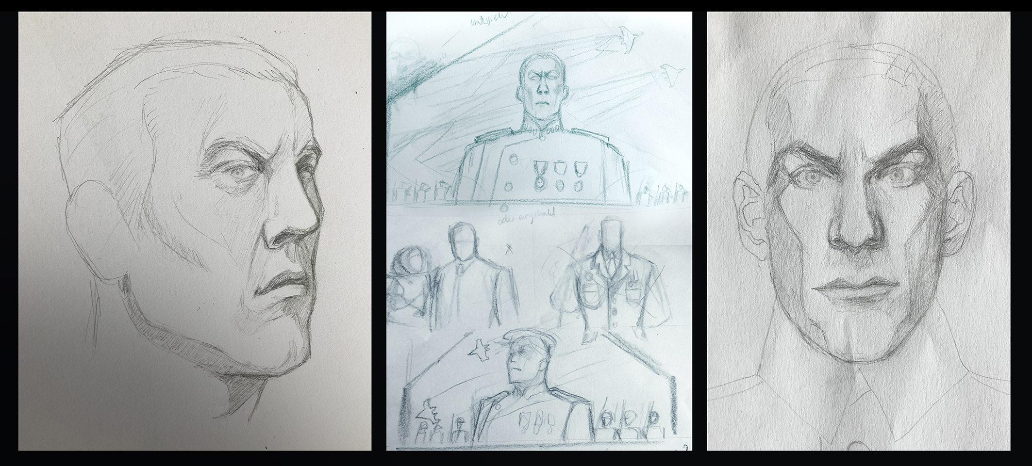 Workflow and sketches for the stained-glass illustrations in President Snow's childhood home depicting his family and strict father, The Hunger Games: The Ballad of Songbirds and Snakes, set decoration