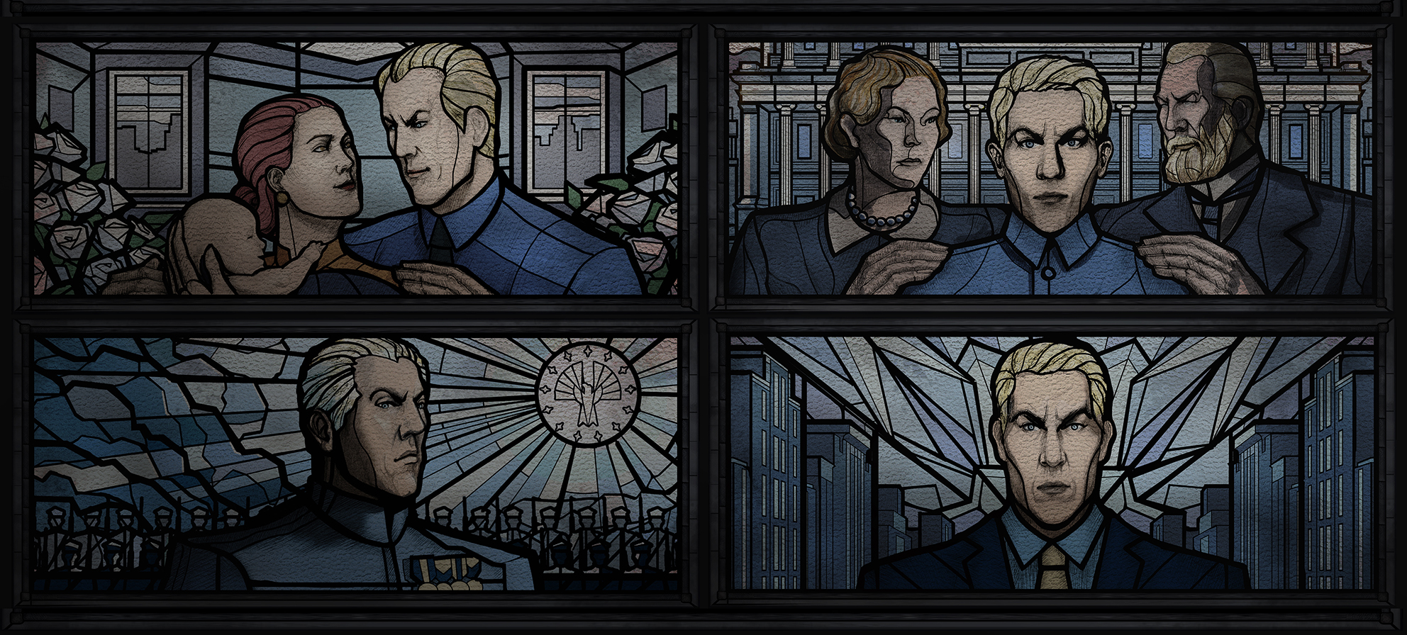 Final artworks for the stained-glass windows in President Snow's childhood home depicting his family and strict father, hand-drawn in Procreate and Photoshop, The Hunger Games: The Ballad of Songbirds and Snakes, set decoration