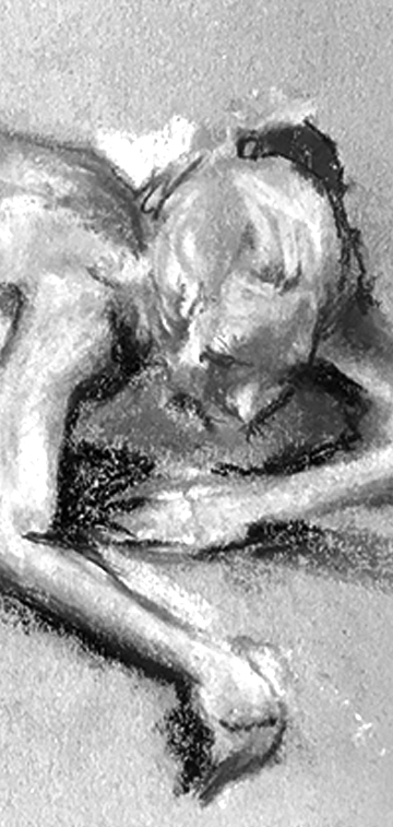 Pastel and charcoal life drawing of a nude model on cardboard