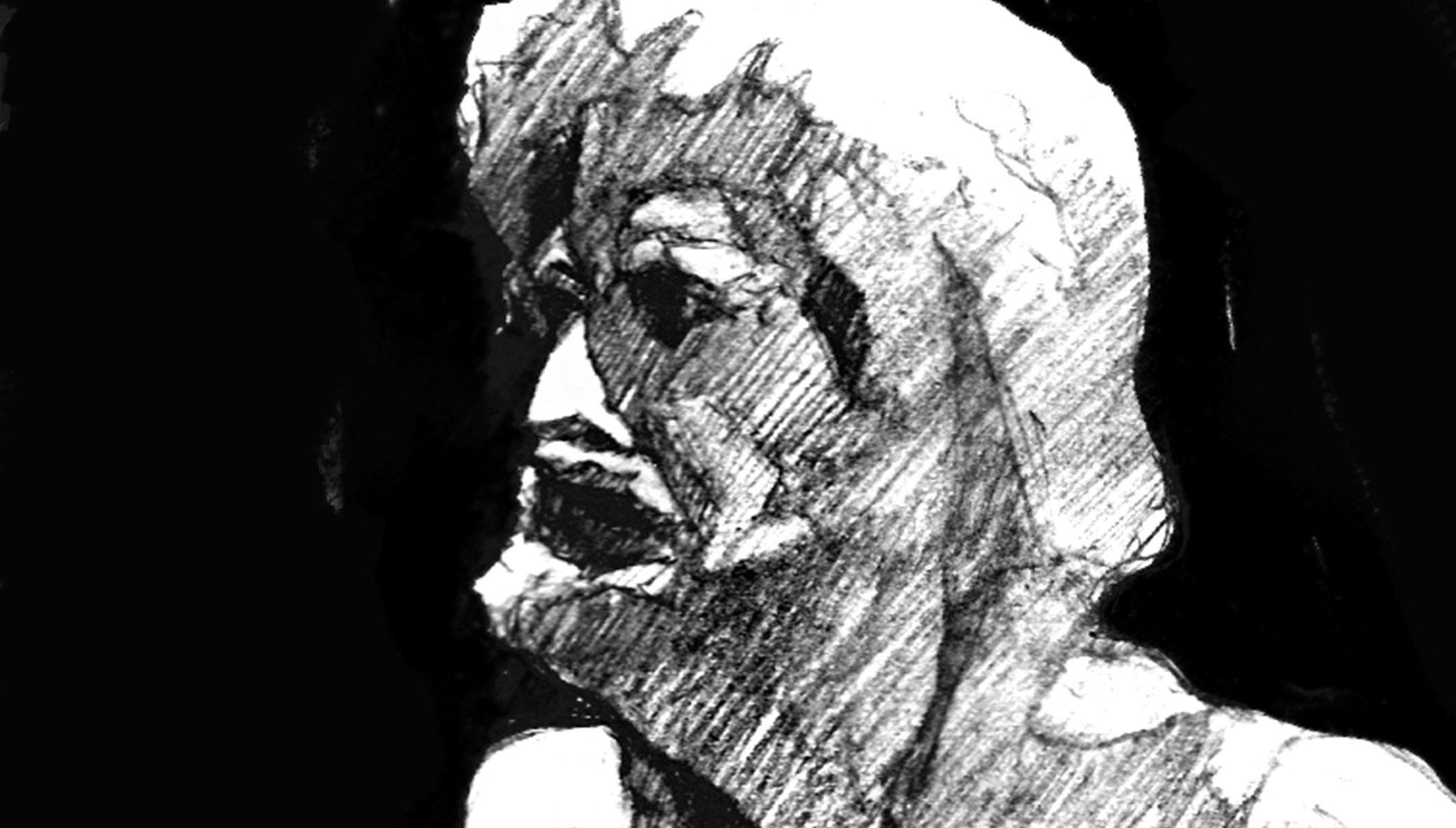 Bust portrait sketch, traditional 2D pencil drawing with high contrast